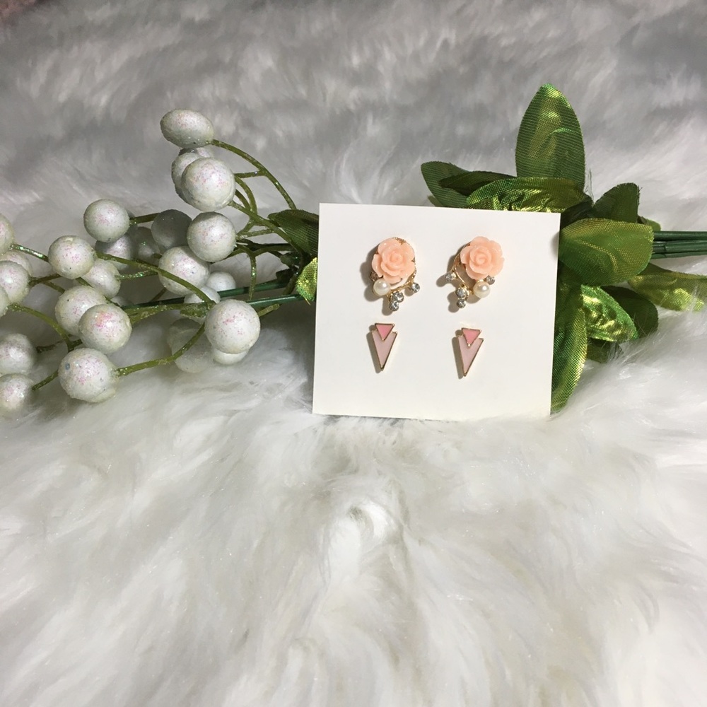 Pink Roses & Dainty Triangles Retro Earring Set